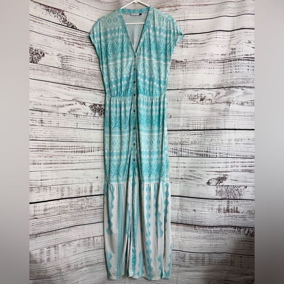 Cabana Life Dress Womens Sz L Maxi button up paisley V Neck Tiered UPF Cover up - Picture 3 of 11